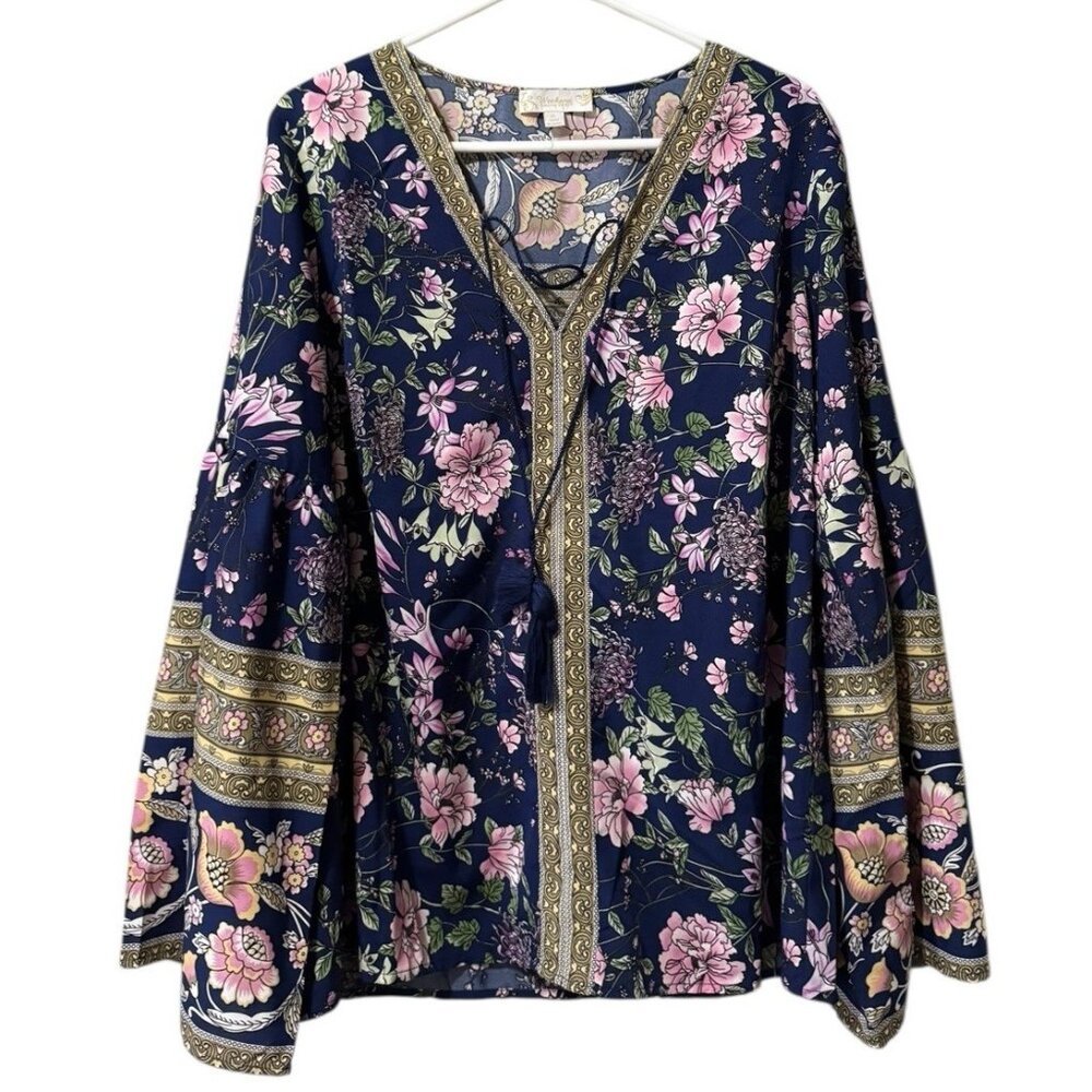 Suzanne Betro Weekend Size XL‎ Boho Tunic Long Bells Sleeves Tassels Hippie Gold